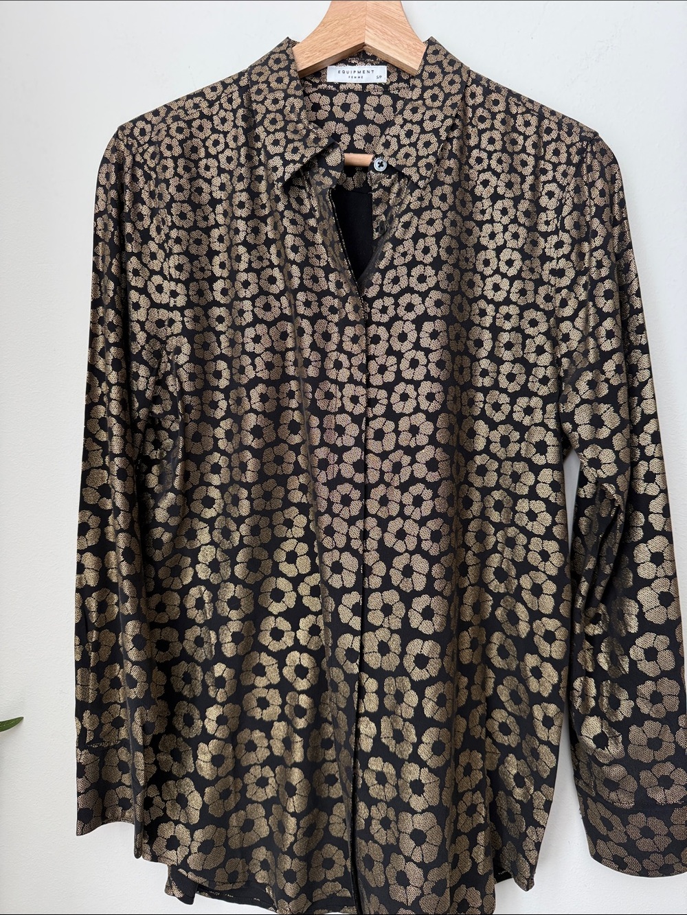 Equipment Silk Button-Down Shirt with Metallic Gold Floral Motif